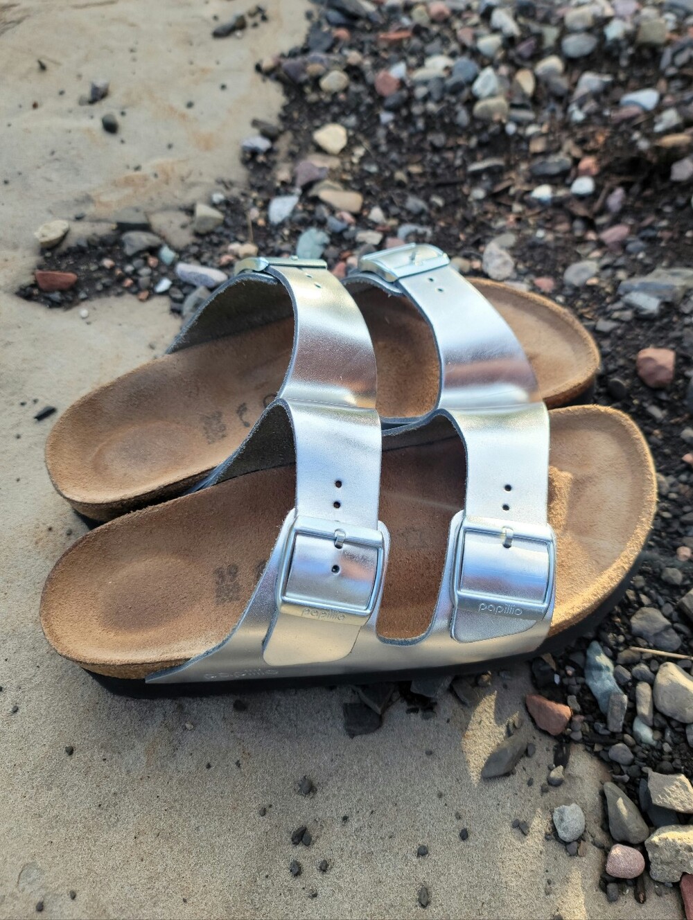 Women's Birkenstock Papillio Arizona Metallic Silver Two-Strap Slide Sandals 39